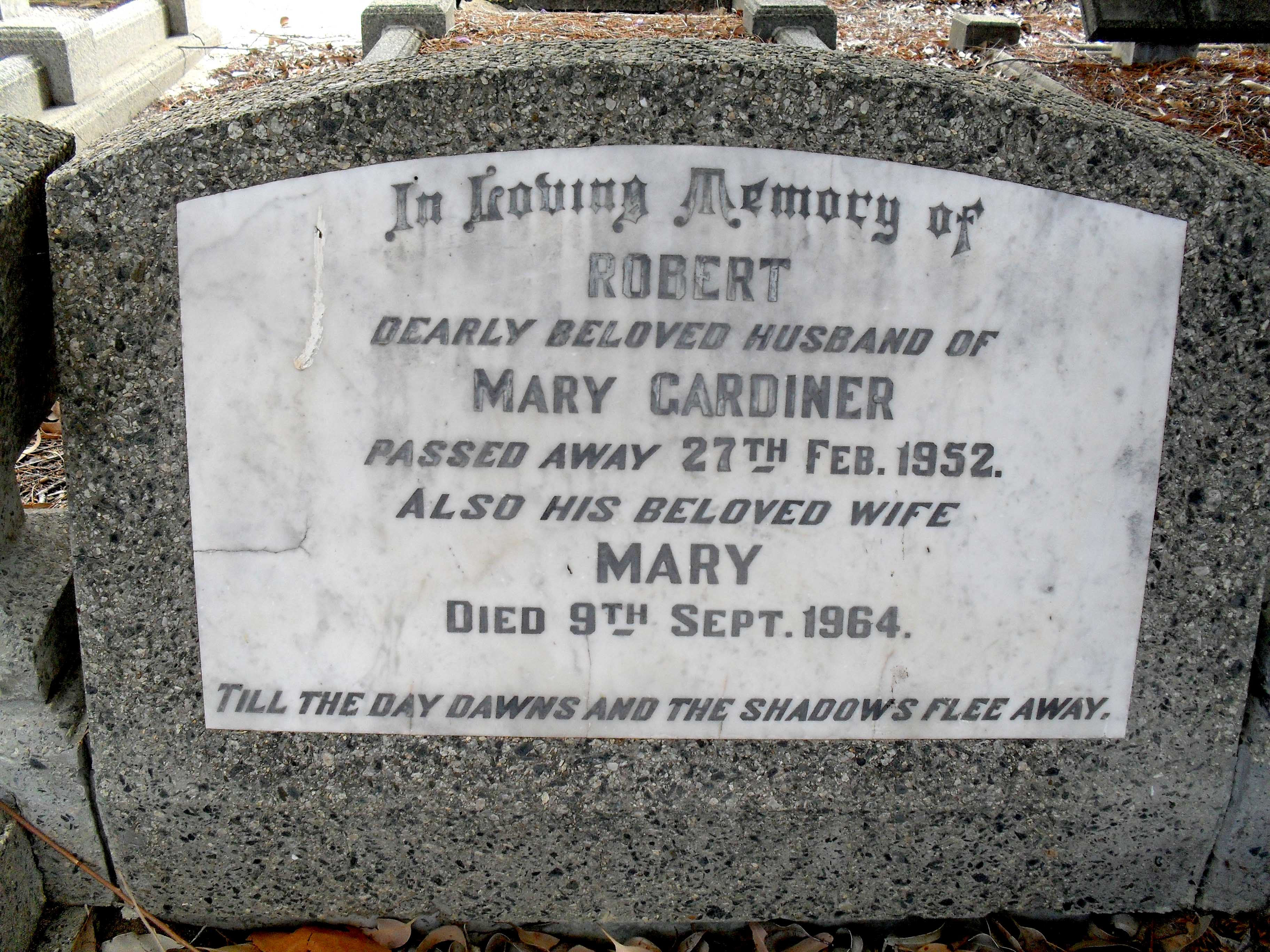 Photo of headstones/Mary Gardiner (nee McLennan) d1964 hdstn Karrakatta